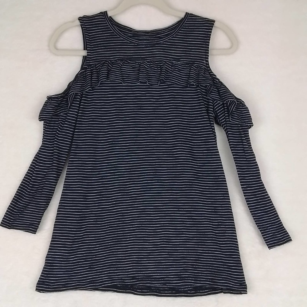 LOFT Cold Shoulder Top Women's Size XSmall in Black White Strip w/ Ruffle‎
